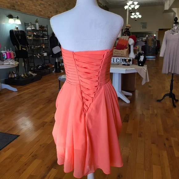 New Coral Peach Chiffon Strapless Dress - Picture 6 of 12